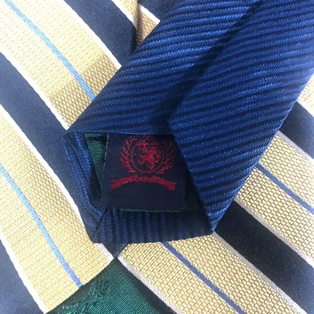 Tommy Hilfiger Vintage 100% Silk Tie Gold & Navy Blue Stripe Made in USA